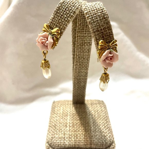 1928 Jewelry - Porcelain Rose Drop with Pearls Earrings 1928